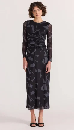 Staple The Label Aura Black Abstract Mesh LS Midi Dress