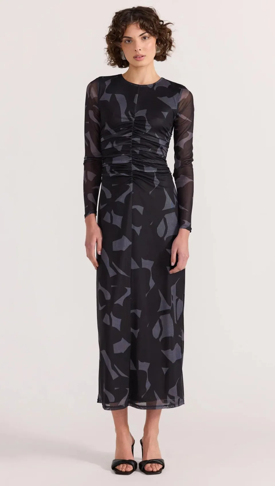 Staple The Label Aura Black Abstract Mesh LS Midi Dress