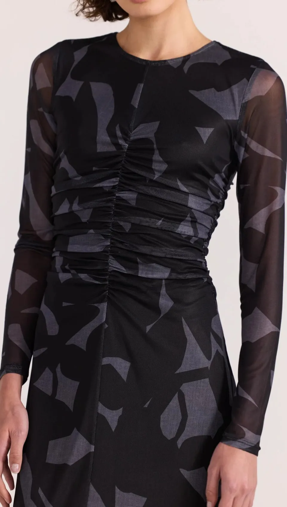 Staple The Label Aura Black Abstract Mesh LS Midi Dress