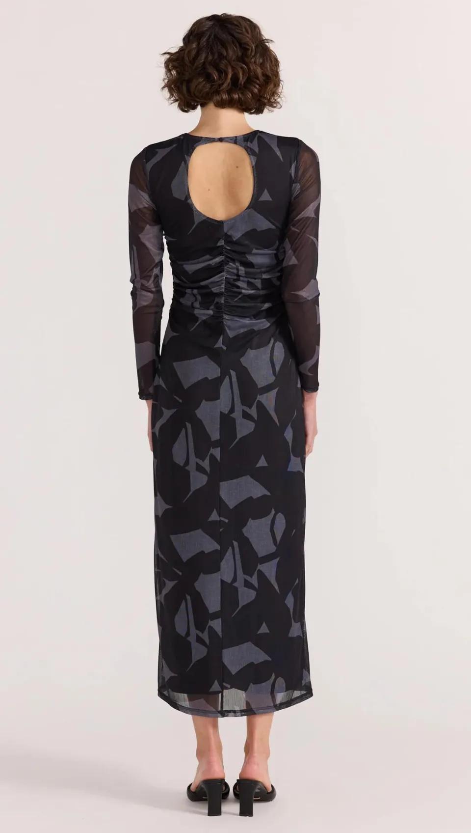 Staple The Label Aura Black Abstract Mesh LS Midi Dress