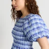 Love Lulu Beholden Blue Check Shirred Short Sleeve Top