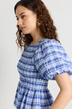 Love Lulu Beholden Blue Check Shirred Short Sleeve Top