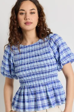 Love Lulu Beholden Blue Check Shirred Short Sleeve Top