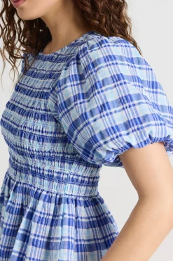Love Lulu Beholden Blue Check Shirred Short Sleeve Top