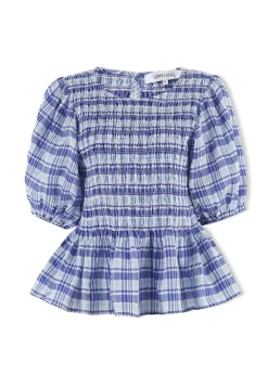 Love Lulu Beholden Blue Check Shirred Short Sleeve Top