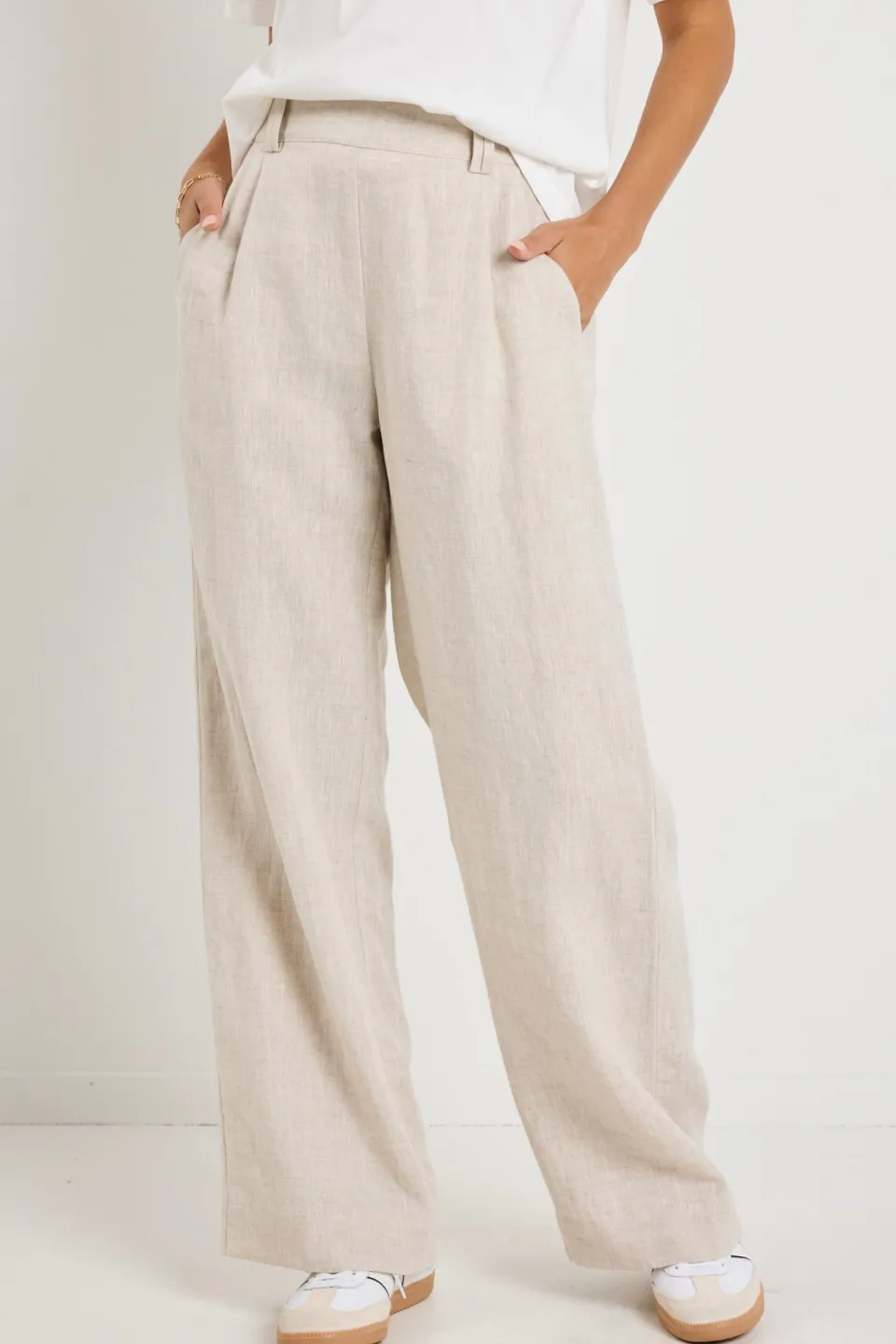 By Rosa. Bestow Natural Linen Elastic Back Wide Leg Pants