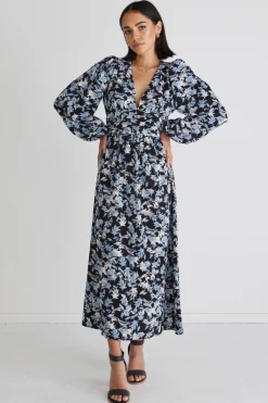 Among the Brave Better Than Ever Large Blue Floral Puff Sleeve Tiered Maxi Dress