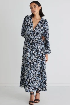 Among the Brave Better Than Ever Large Blue Floral Puff Sleeve Tiered Maxi Dress