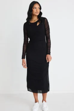 Among the Brave Between Black Mesh LS Slash Neck Maxi Dress