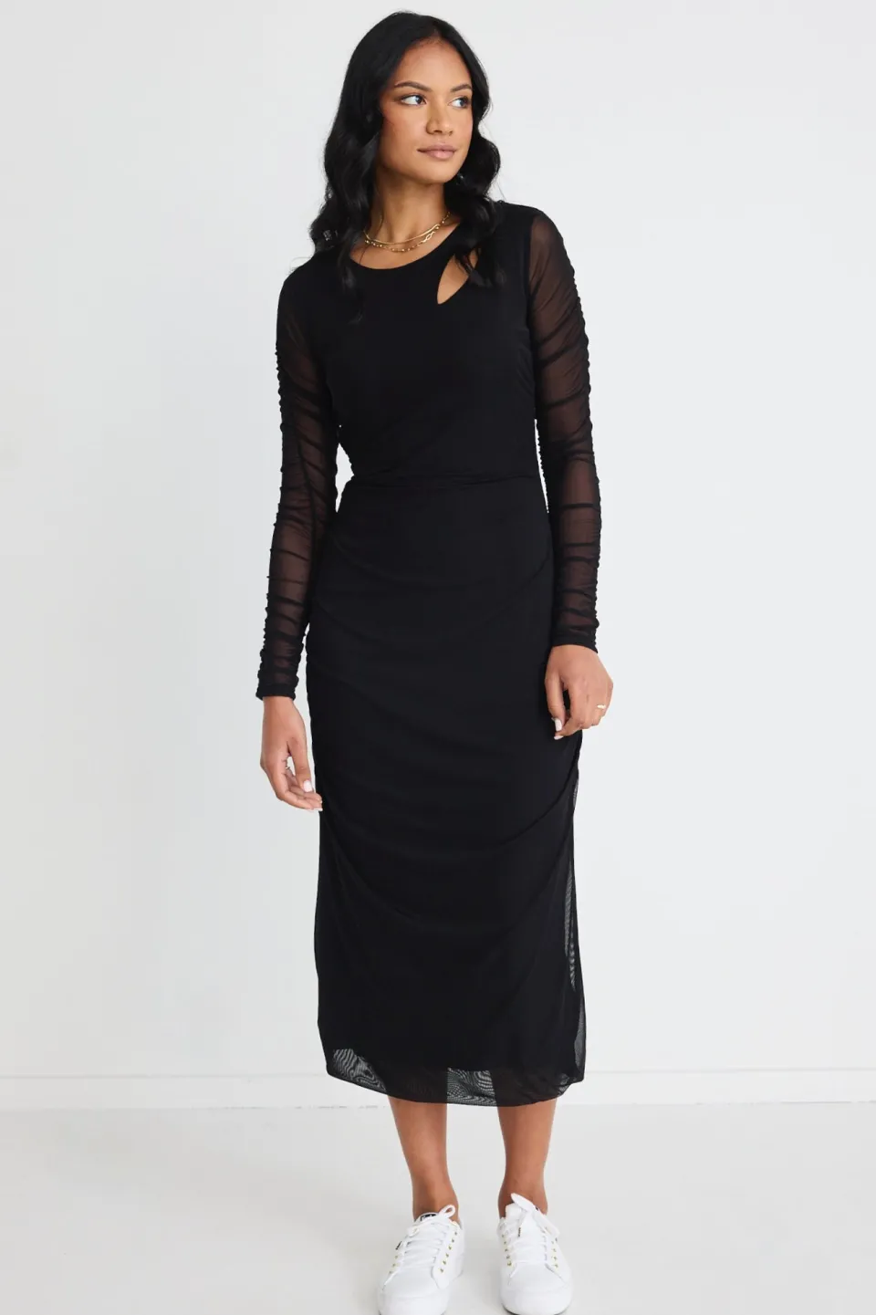 Among the Brave Between Black Mesh LS Slash Neck Maxi Dress