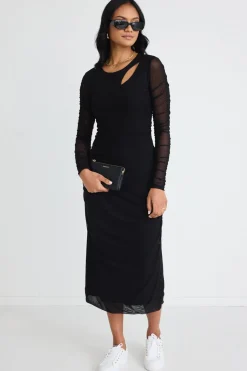 Among the Brave Between Black Mesh LS Slash Neck Maxi Dress