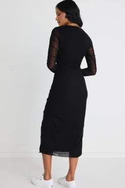 Among the Brave Between Black Mesh LS Slash Neck Maxi Dress