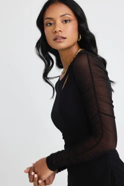 Among the Brave Between Black Mesh LS Slash Neck Maxi Dress