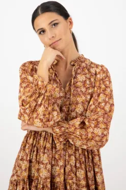 Ivy + Jack Billie Rust Floral LS Frill V Neck Tiered Mini Dress