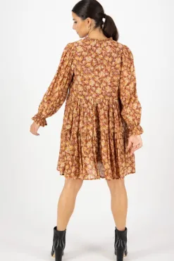 Ivy + Jack Billie Rust Floral LS Frill V Neck Tiered Mini Dress