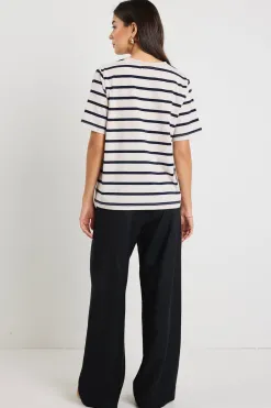 RE:UNION Label Binding Ecru Navy Stripe Boxy Fit Tee
