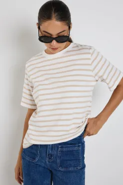 RE:UNION Label Binding White Natural Stripe Boxy Fit Tee