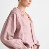 RE:UNION Label Birch Pink Clay Linen Pintuck Shoulder Tie Neck Top