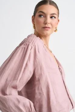 RE:UNION Label Birch Pink Clay Linen Pintuck Shoulder Tie Neck Top