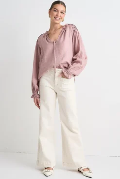 RE:UNION Label Birch Pink Clay Linen Pintuck Shoulder Tie Neck Top