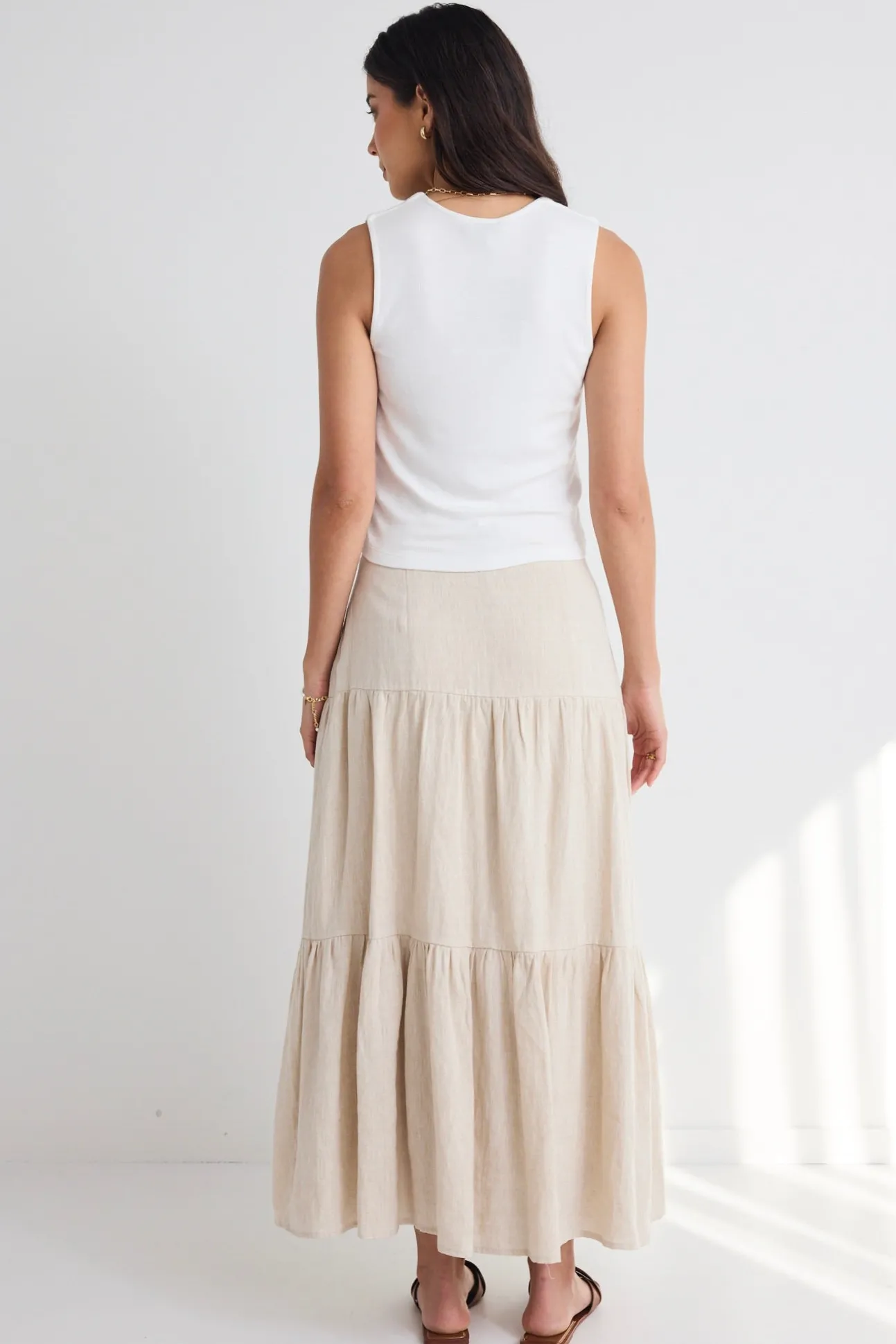 Among the Brave Blazing Sand Tiered Linen Midi Skirt