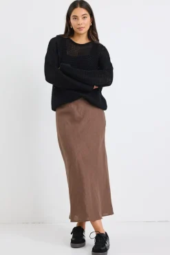 RE:UNION Label Bliss Chocolate Linen Bias Midi Skirt
