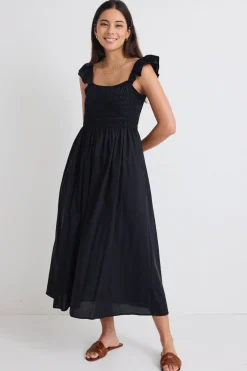 Stories be Told Bonbon Black Flutter Sleeve Midi Dress