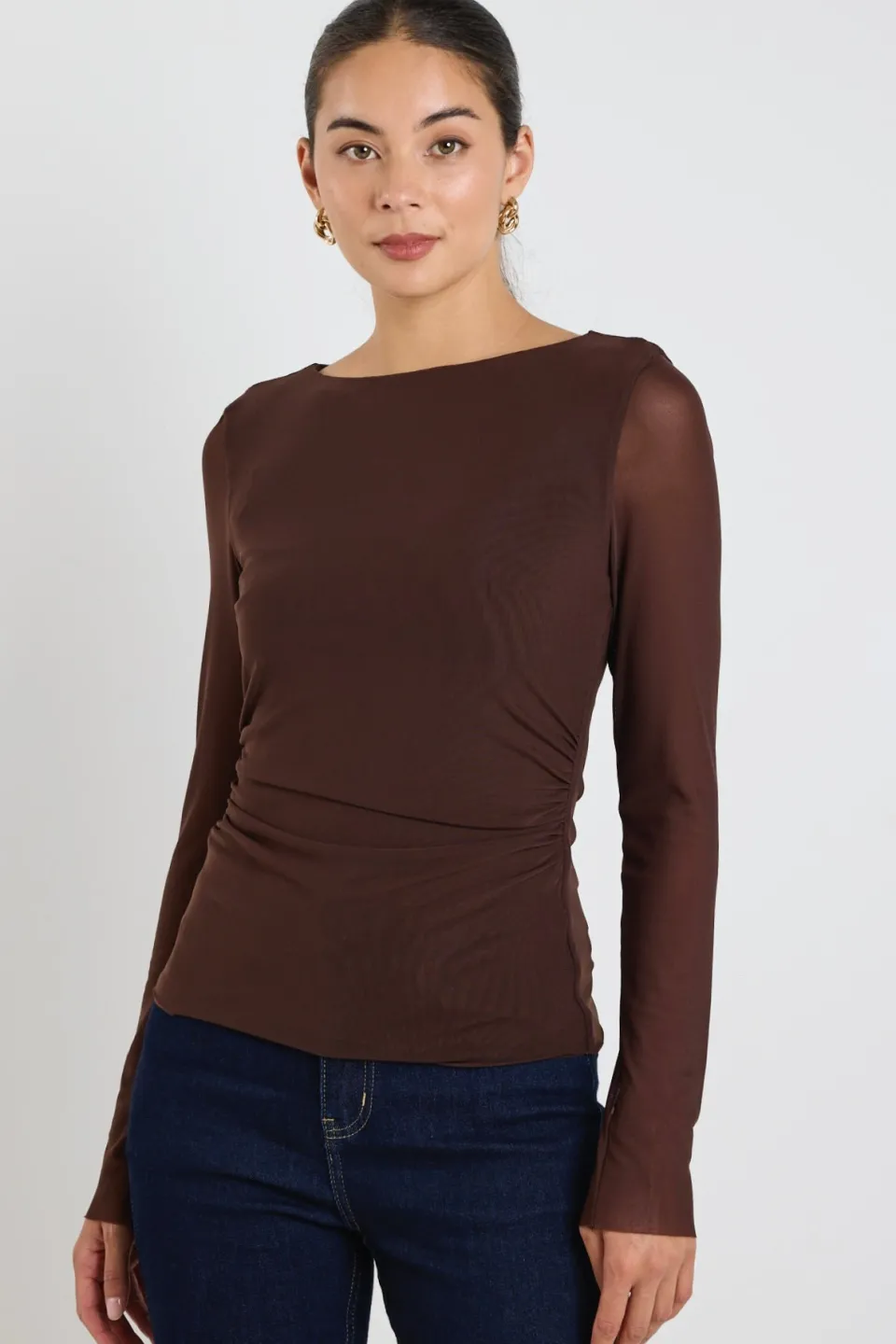 Stories be Told Bravo Chocolate Mesh Long Sleeve Top