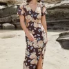 Ivy + Jack Breeze Chocolate Floral Puff SS V Neck Waist Cut Out Maxi Dress