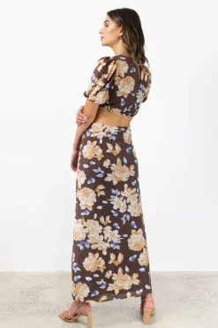 Ivy + Jack Breeze Chocolate Floral Puff SS V Neck Waist Cut Out Maxi Dress