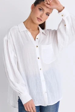 By Rosa. Breezy White Muslin Drop Shoulder Shirt
