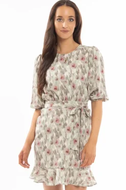 Leila + Luca Brilliance Khaki Smudge Frill Hem Tie Waist LS Mini Dress