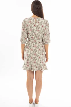 Leila + Luca Brilliance Khaki Smudge Frill Hem Tie Waist LS Mini Dress