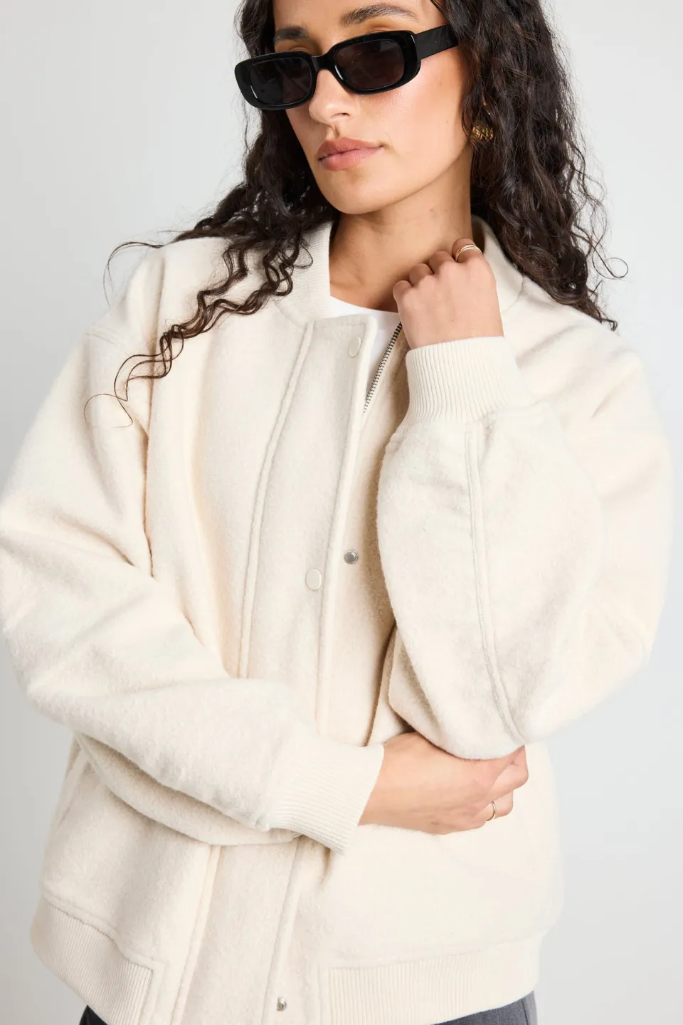 Among the Brave Brisk Bone Boucle Bomber Jacket