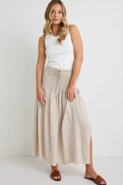 RE:UNION Label Byron Natural Linen Shirred Waist Maxi Skirt