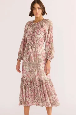 Mink Pink Cadence Pink Paisley Blouson LS Midi Dress