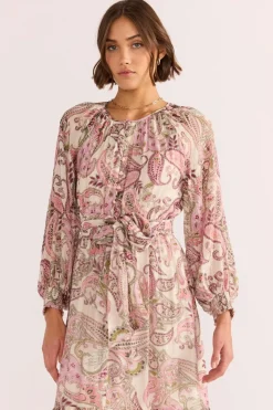 Mink Pink Cadence Pink Paisley Blouson LS Midi Dress