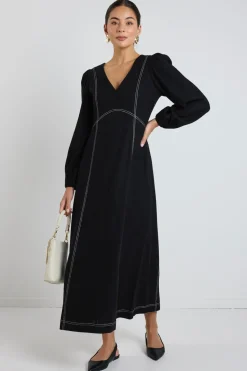 Stories be Told Case Black LS Contrast Stitch Midi Dress