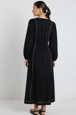 Stories be Told Case Black LS Contrast Stitch Midi Dress