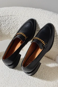 EOS Castella Black Leather Gold Chain Loafer