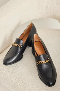 EOS Castella Black Leather Gold Chain Loafer
