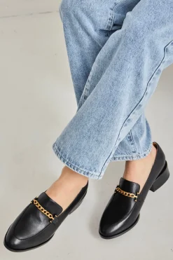 EOS Castella Black Leather Gold Chain Loafer