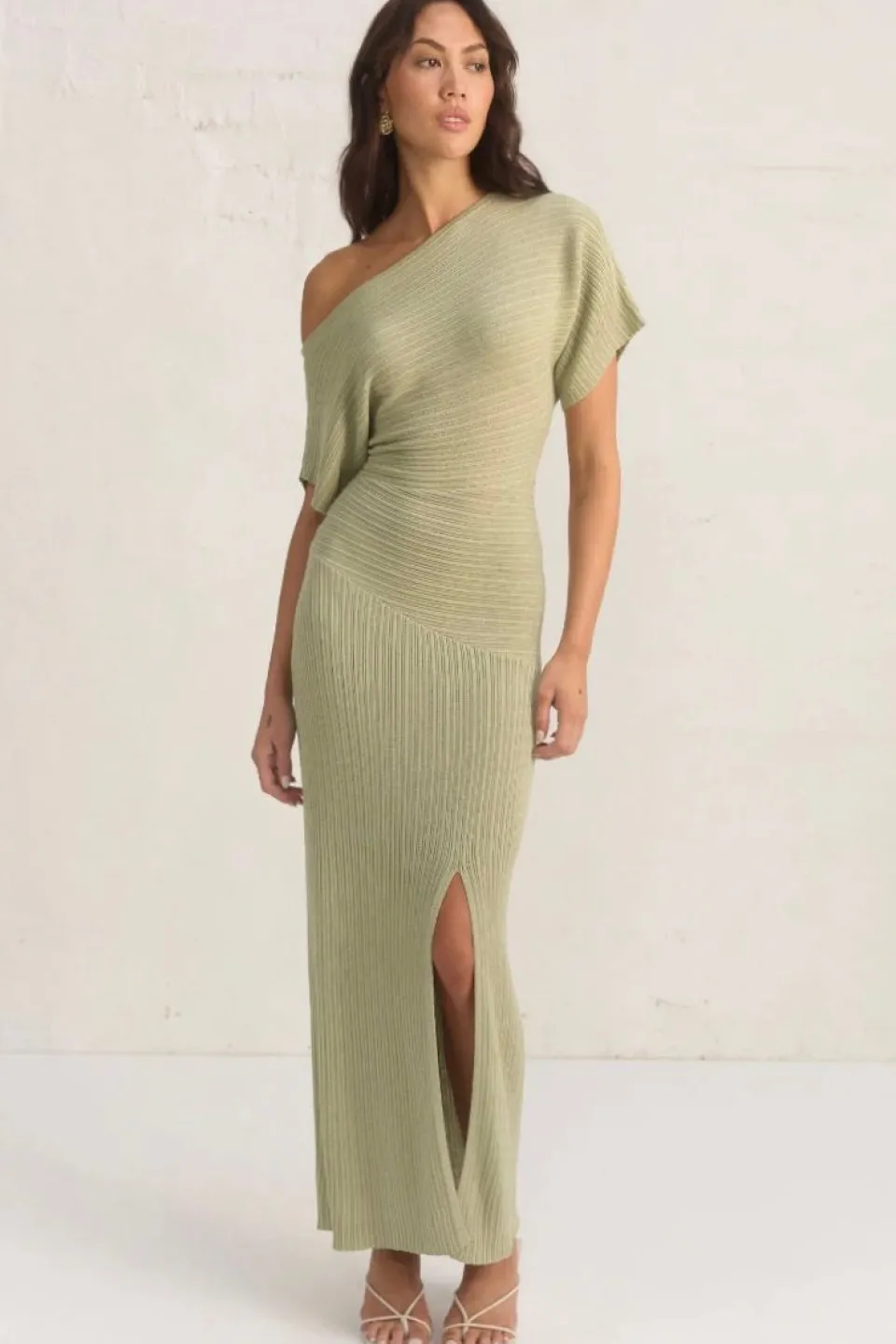 Mon Renn Celeste Sage Off Shoulder SS Knit Maxi Dress