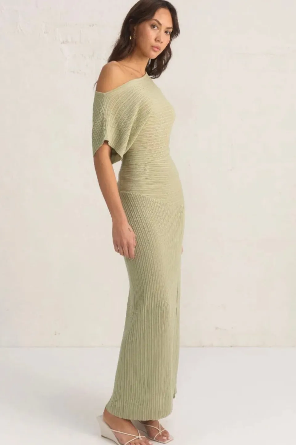 Mon Renn Celeste Sage Off Shoulder SS Knit Maxi Dress