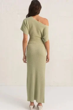 Mon Renn Celeste Sage Off Shoulder SS Knit Maxi Dress