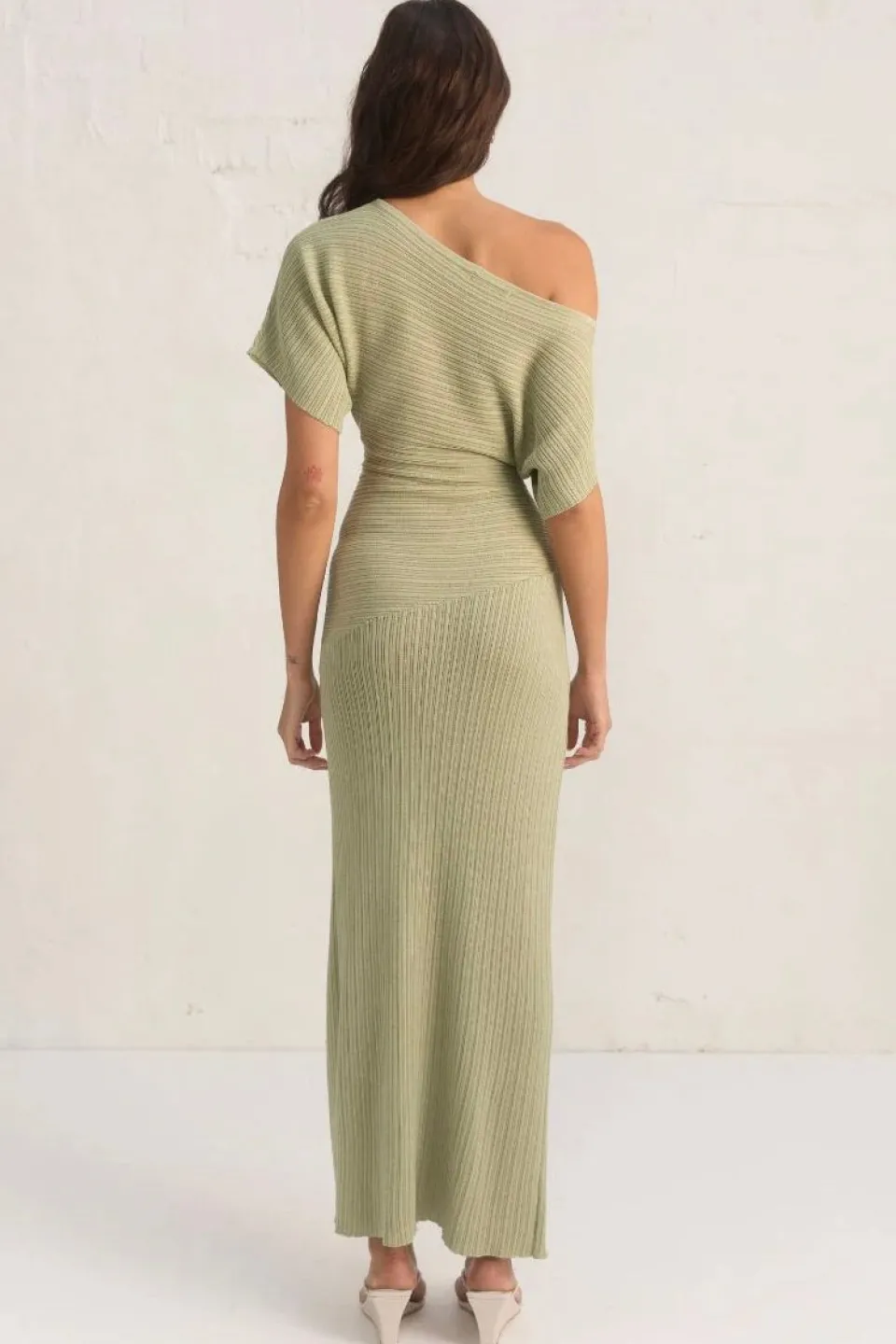 Mon Renn Celeste Sage Off Shoulder SS Knit Maxi Dress