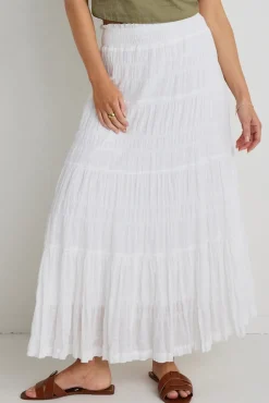 Ivy + Jack Charming White Cotton Shirred Tiered Maxi Skirt