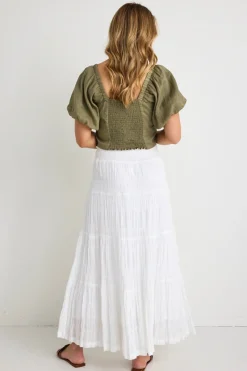 Ivy + Jack Charming White Cotton Shirred Tiered Maxi Skirt