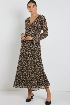 Among the Brave Chateau Leopard Georgette Fluted Sleeve V Bias Midi Dress