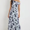 Stories be Told Chemistry Charcoal Smudge Mesh Off Shoulder Maxi Dress